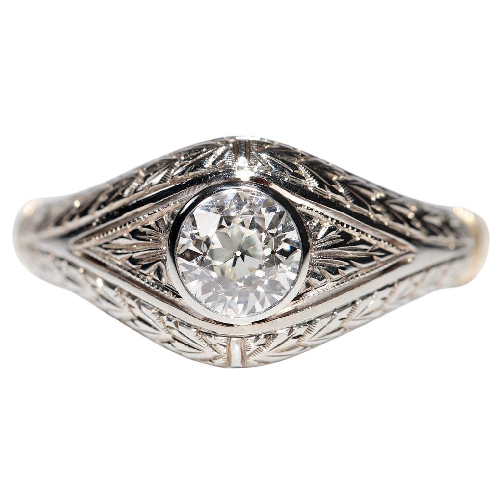 Antico anello solitario con diamante naturale decorato in oro 18k, CIRCA 1920, Art Decor in vendita