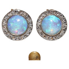 Antique Circa 1920s Art Deco 18k Gold Natural Rose Cut Diamond And Opal  Earring