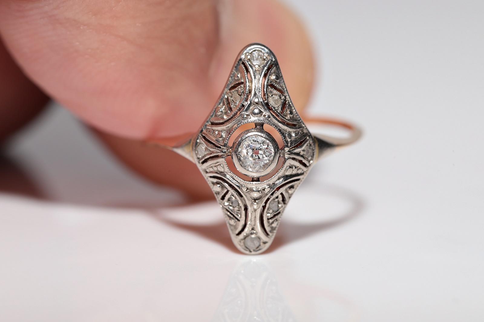 Old Mine Cut Antique Circa 1920s Art Deco 18k Gold Top Silver Natural Diamond Navette Ring For Sale