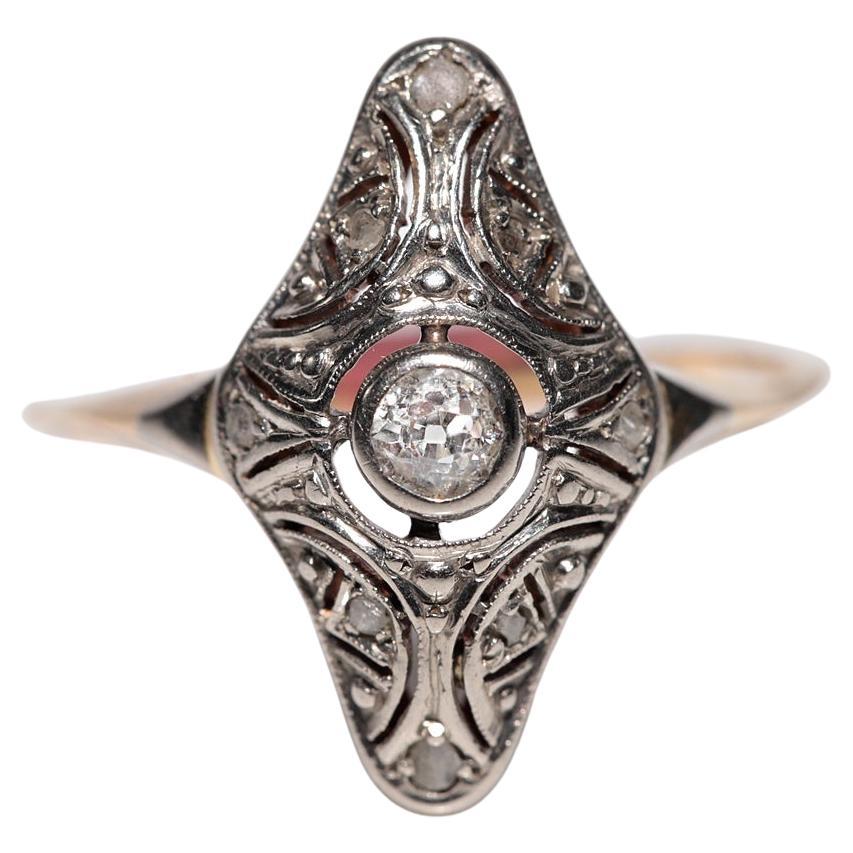 Antique Circa 1920s Art Deco 18k Gold Top Silver Natural Diamond Navette Ring