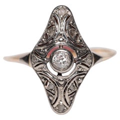 Antiguo Anillo Navette de Diamantes Naturales de Oro de 18 quilates con Tapa de Plata Art Decó de la década de 1920