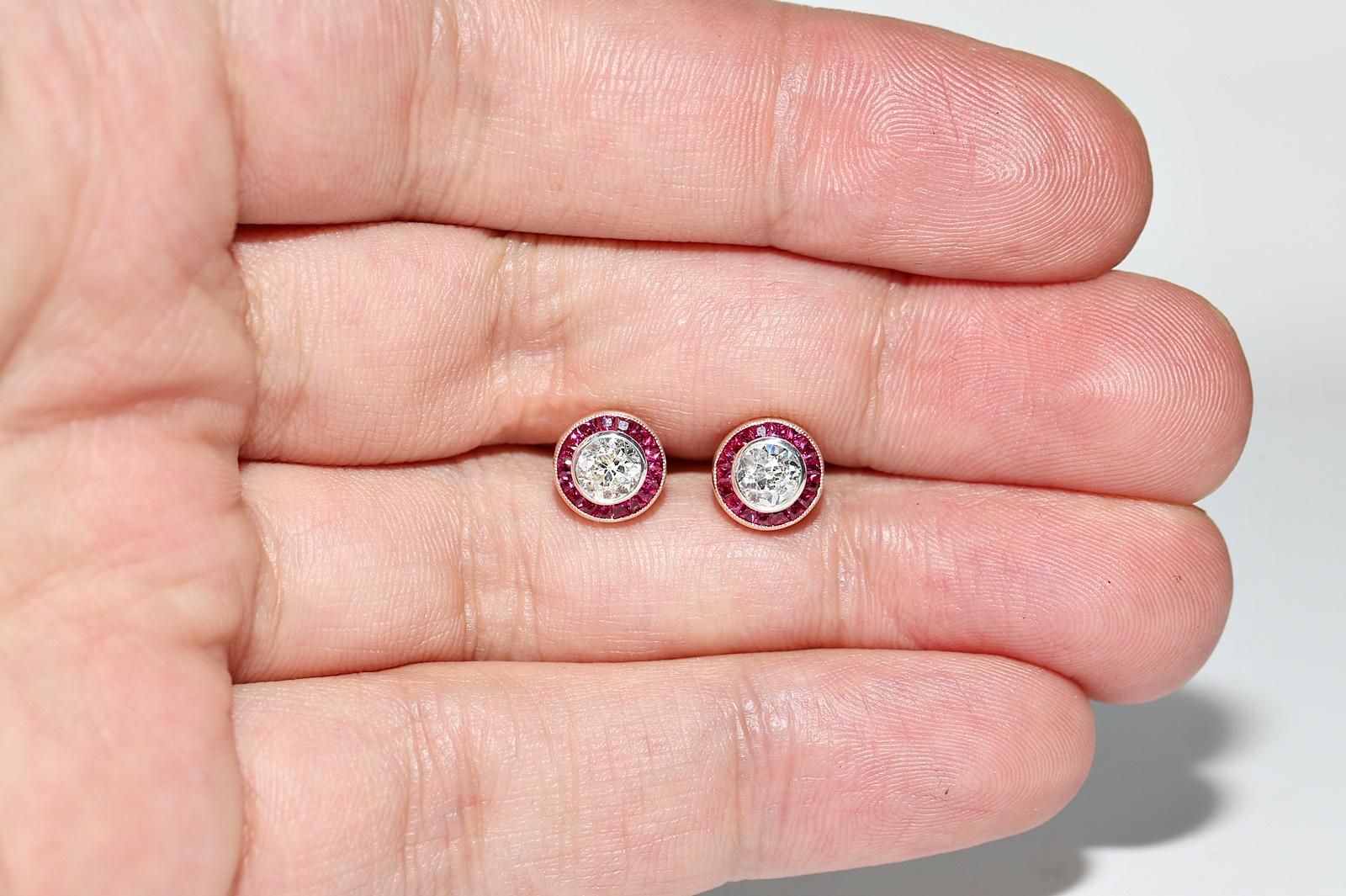 Antique Circa 1920s Art Deco 8k Gold Natural Diamond And Caliber Ruby Earring For Sale 6