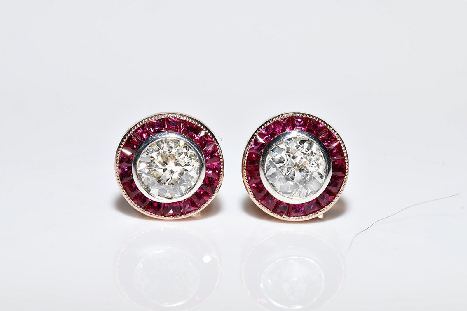 Antique Circa 1920s Art Deco 8k Gold Natural Diamond And Caliber Ruby Earring In Good Condition For Sale In Fatih/İstanbul, 34