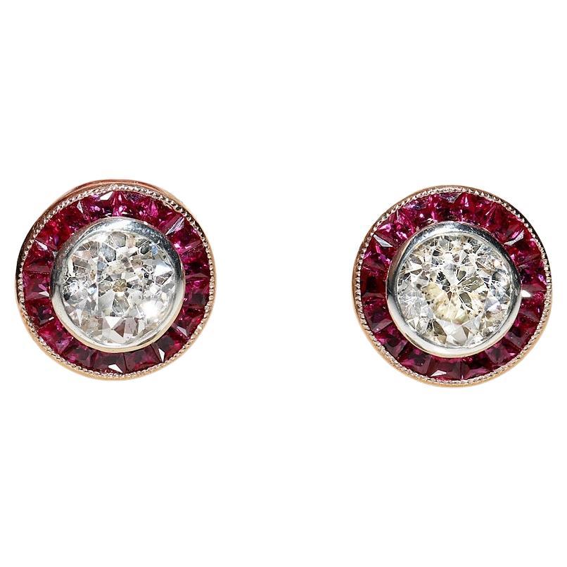 Antique Circa 1920s Art Deco 8k Gold Natural Diamond And Caliber Ruby Earring For Sale