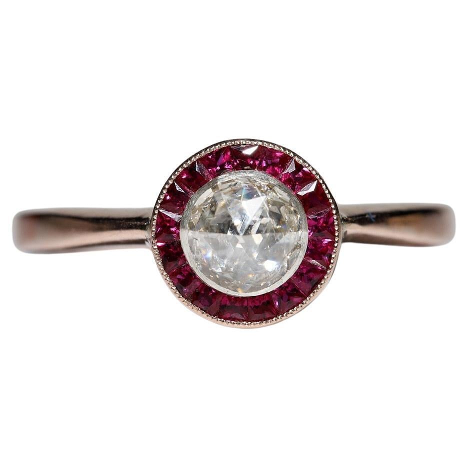 Antique Circa 1920s Art Deco 8k Gold Natural Diamond And Caliber Ruby Ring For Sale