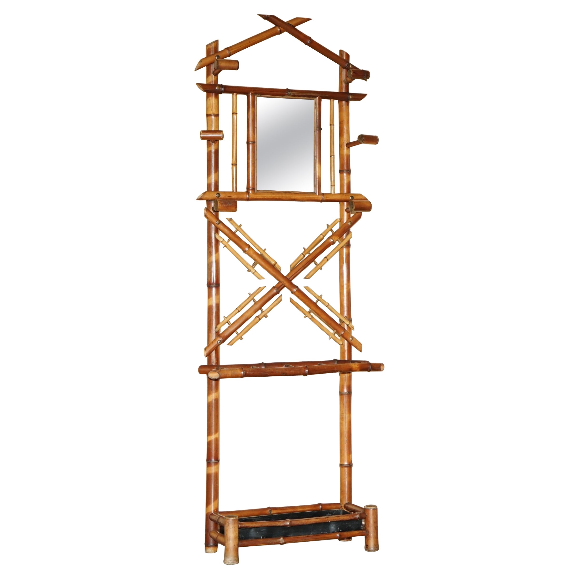 ANTIQUE CIRCA 1920 ART DECO BAMBOO CAPPELLONE GUANTI E SCIARPE RACK CON SPECCHIETTO in vendita