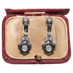 Antique Circa 1920s Art Deco Platinum Natural Diamond Drop Earring