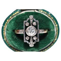 Antique Circa 1920s ArtDeco 14k Gold Top Silver Natural Diamond Navette Ring 