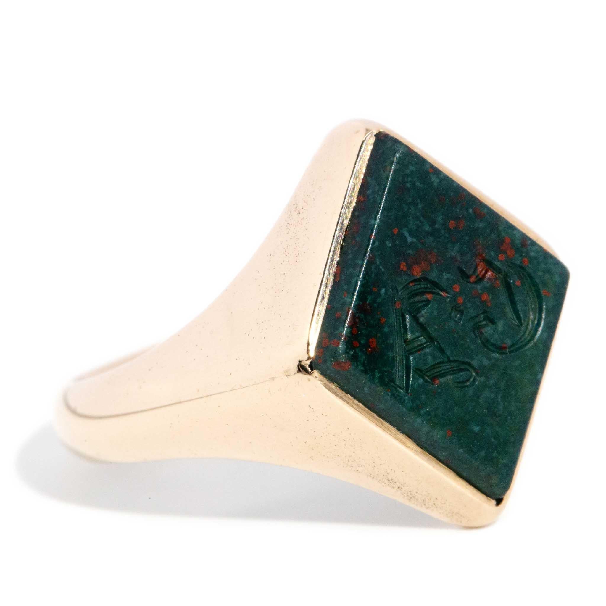 Modern Antique Circa 1920s Bloodstone Signet Ring 15 Carat Rose Gold For Sale