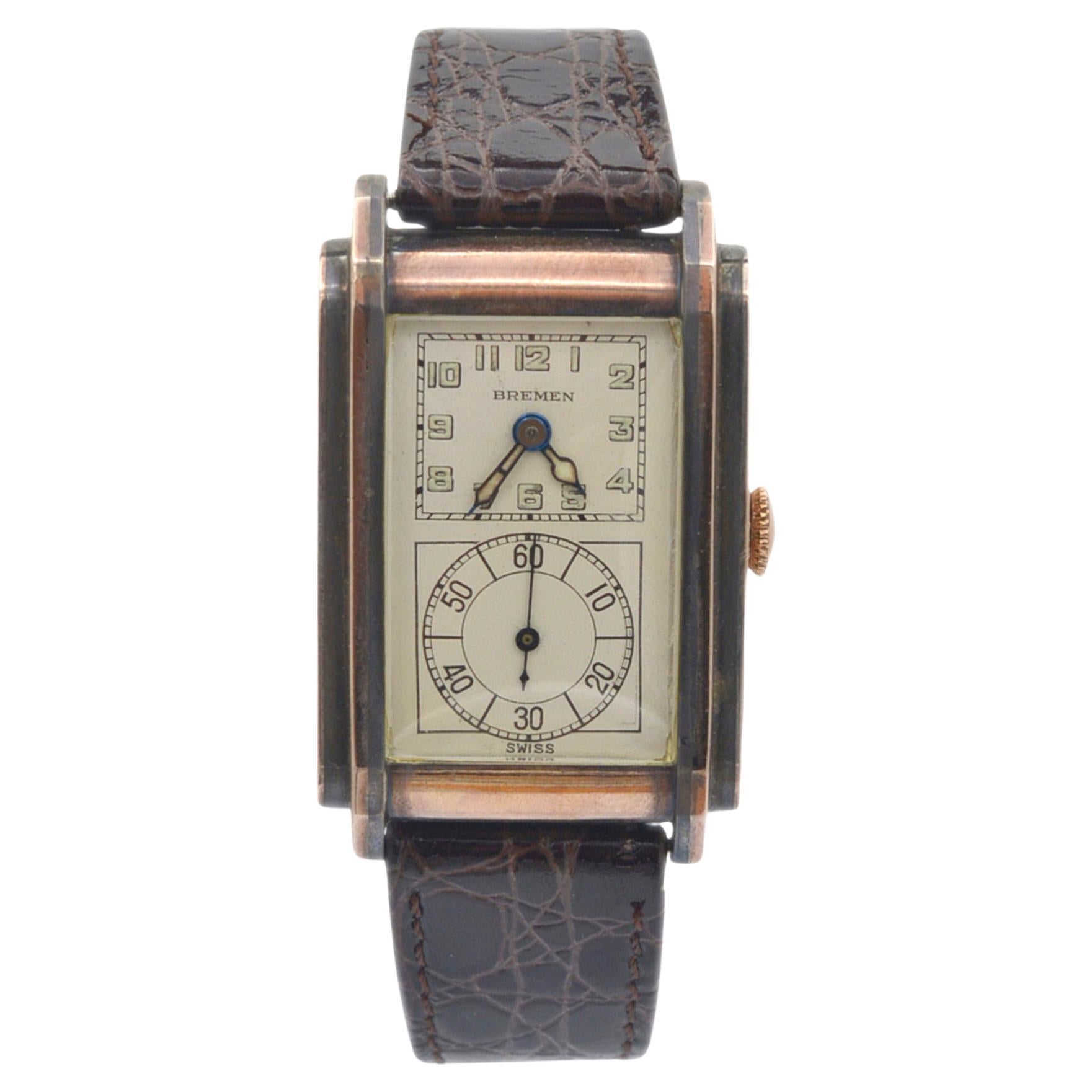 Antique Circa 1920’s Bremen 14K Rose Gold Sterling Silver Back Manual Wind Watch