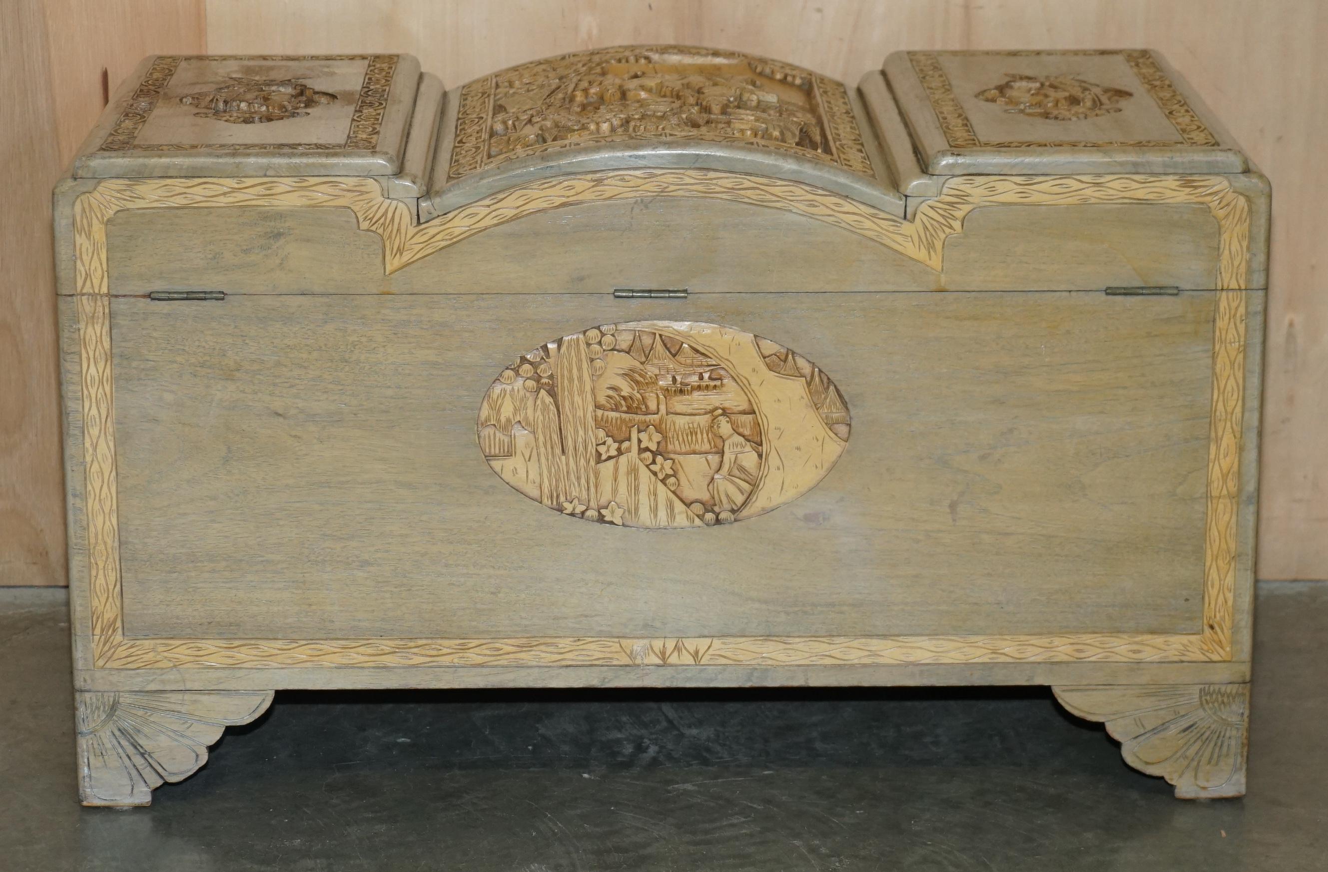 ANTIQUE CIRCA 1920er CHINESE EXPORT HEAVILY CARved CAMPHOR WOOD LINEN TOY CHEST im Angebot 4