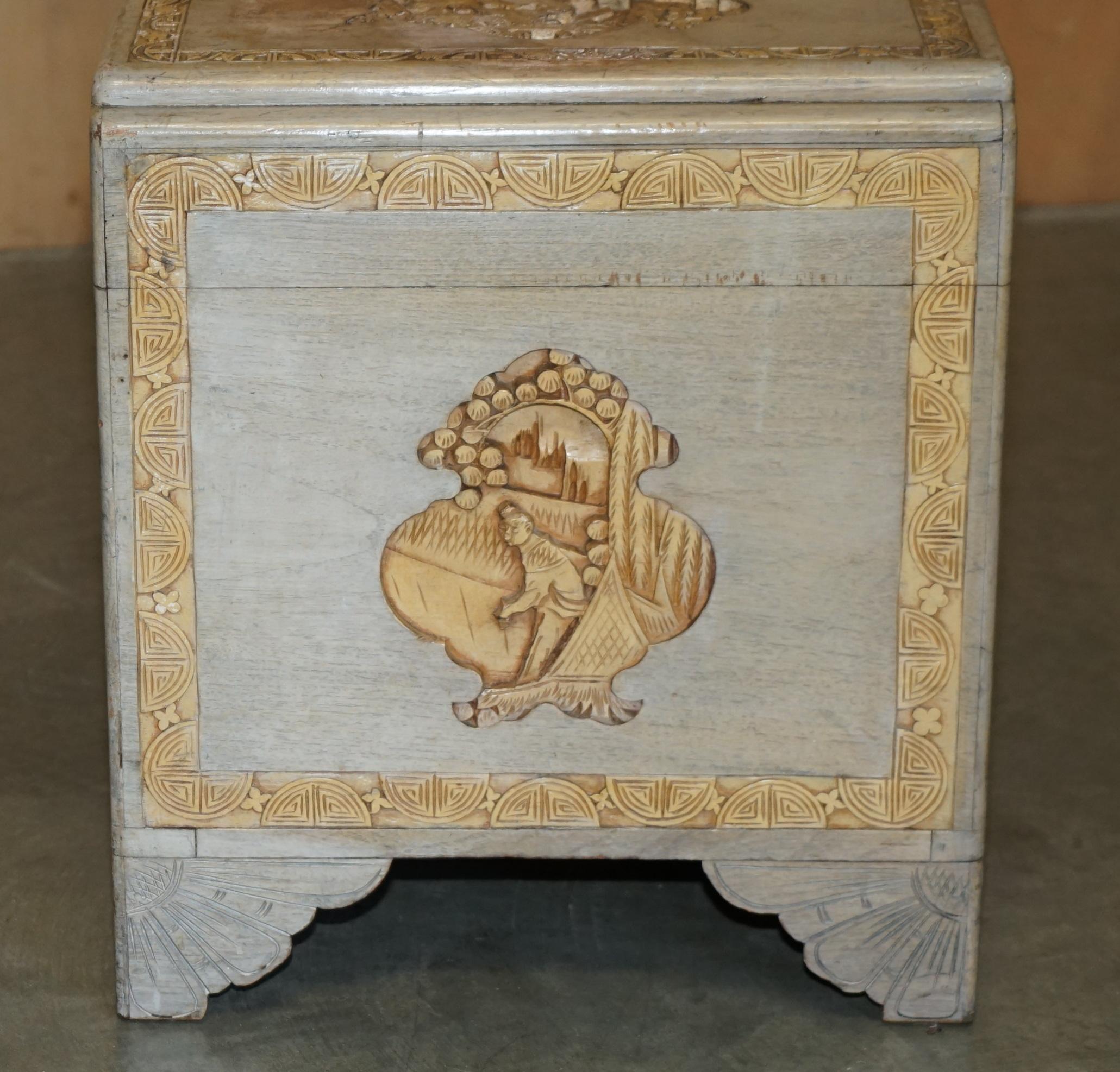 ANTIQUE CIRCA 1920er CHINESE EXPORT HEAVILY CARved CAMPHOR WOOD LINEN TOY CHEST im Angebot 6