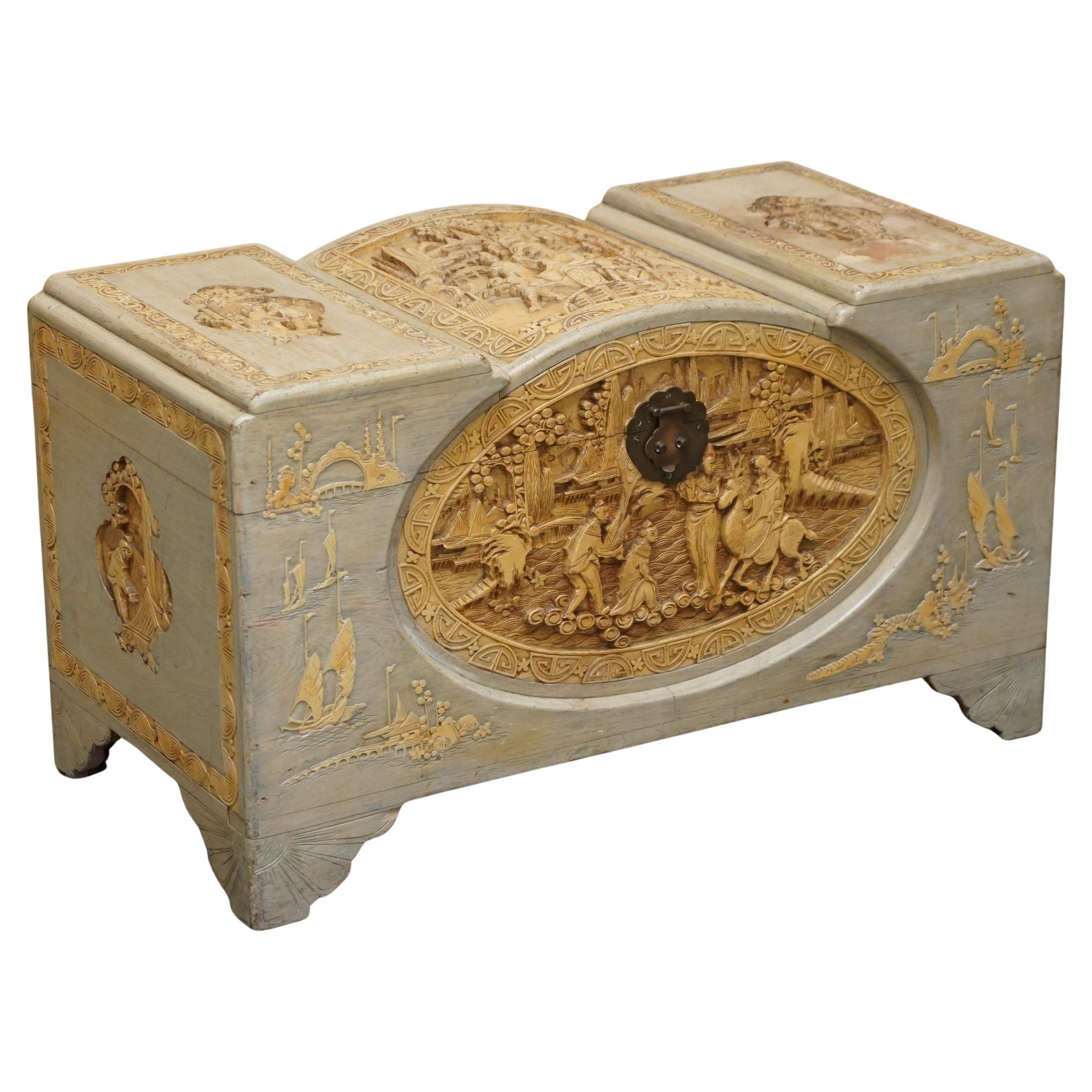 ANTIQUE CIRCA 1920's CHINESE EXPORT HEAVILY CARVED CAMPHOR WOOD LINEN TOY CHEST