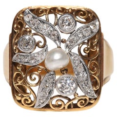 Antique Circa 1920s Handcrafted 18k Gold Natural Diamond And Pearl Ring