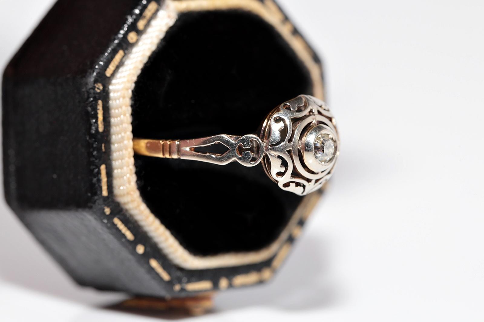 Art déco Bague solitaire ancienne des années 1920, fabriquée à la main en or 18 carats avec diamants naturels en vente