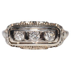 Ancienne bague Art déco des années 1920, fabriquée à la main en or 18 carats avec diamants naturels