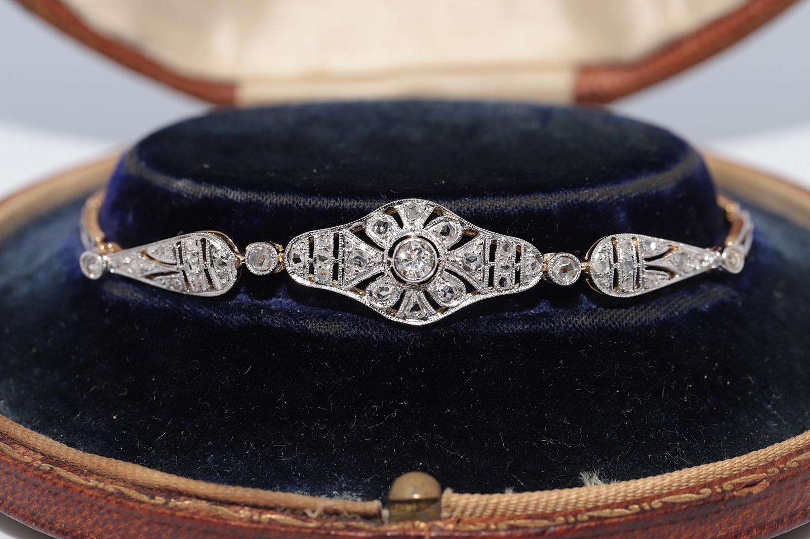 Antike CIRCA 1920er Jahre handgefertigt Art Deco 18k Gold natürlichen Diamant-Armband (Rosenschliff) im Angebot