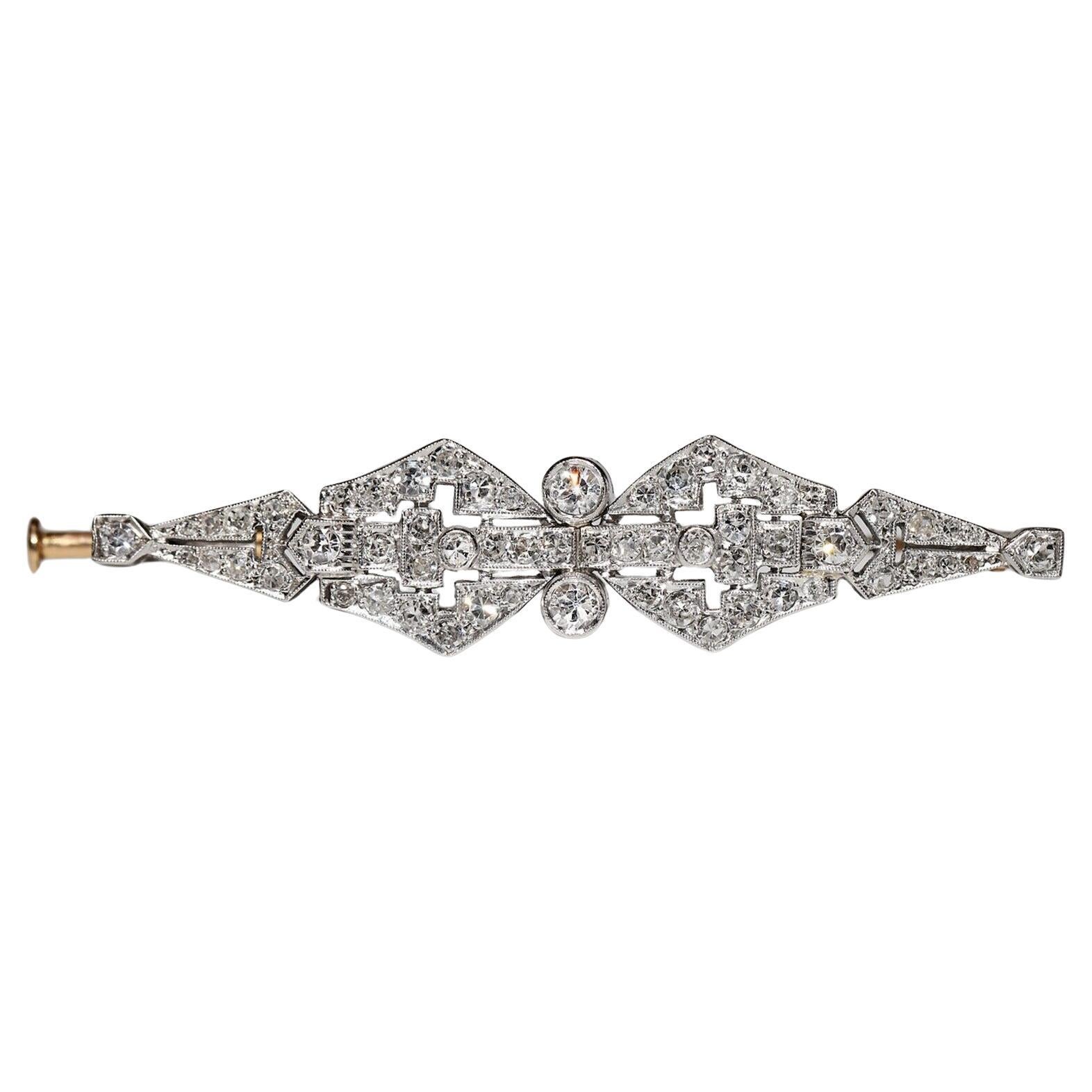 Antique Circa 1920s Original Art Deco 18k Gold Natural Diamond Decorated Brooch For Sale