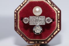 Antique Circa 1920s Platinum Art Deco Natural Diamond And Pearl Decorated Ring