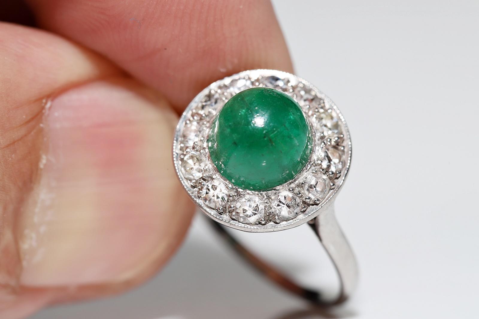 Antique Circa 1920s Platinum Natural Diamond And Cabochon Emerald Ring  For Sale 5