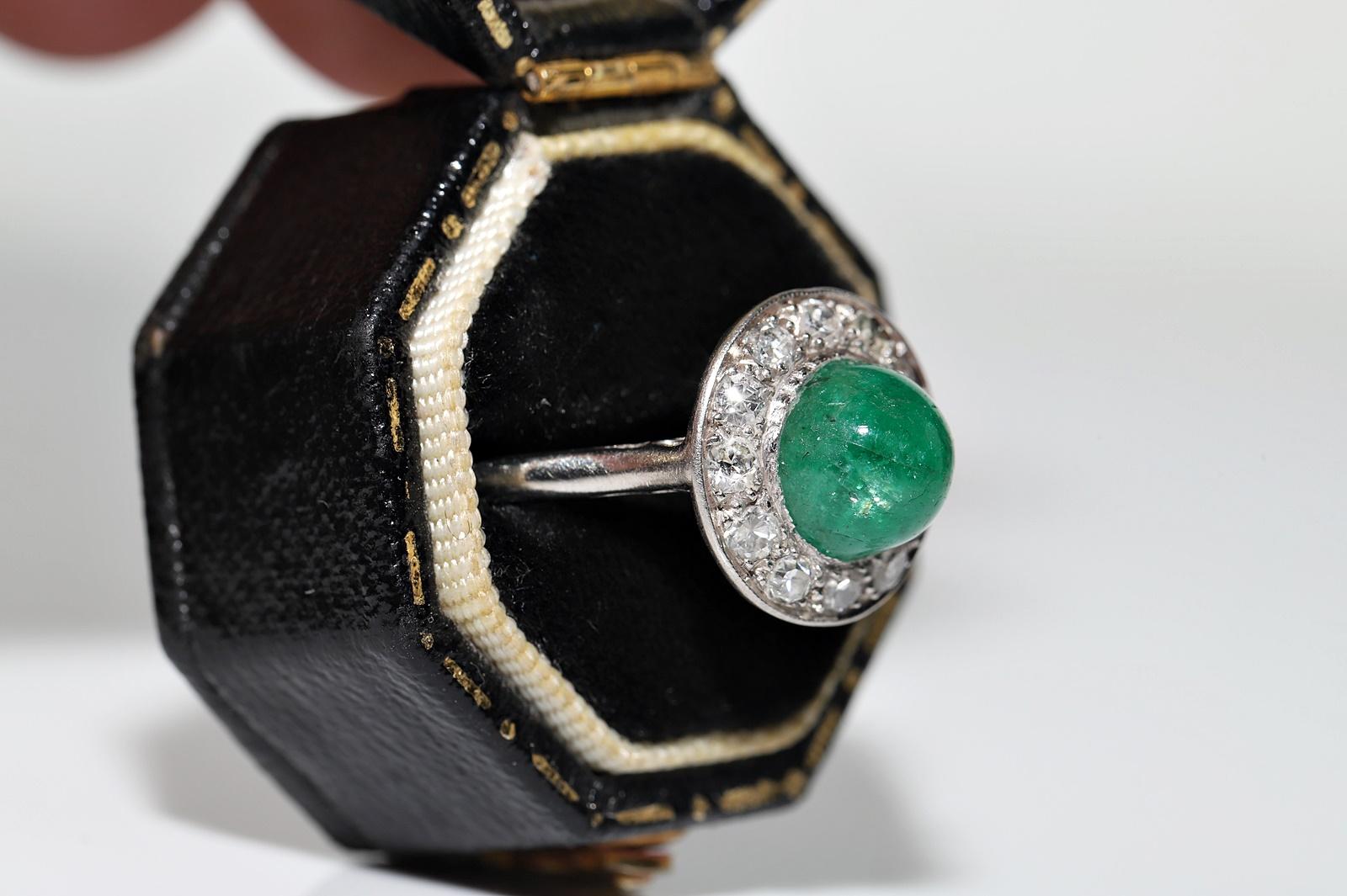 Art Deco Antique Circa 1920s Platinum Natural Diamond And Cabochon Emerald Ring  For Sale