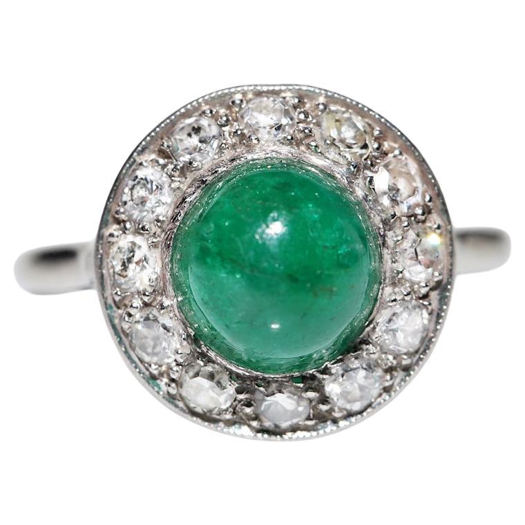 Antique Circa 1920s Platinum Natural Diamond And Cabochon Emerald Ring  For Sale
