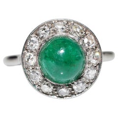 Retro Circa 1920s Platinum Natural Diamond And Cabochon Emerald Ring 