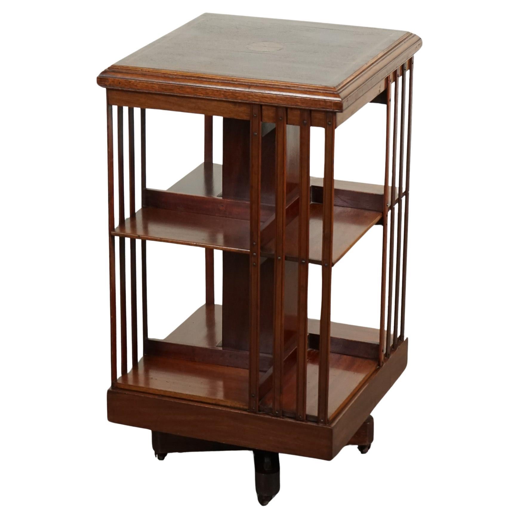 ANTIQUE CIRCA 1920s SHERATON REVIVAL INLAID REVOLVING BOOKCASE SIDE END TABLE For Sale