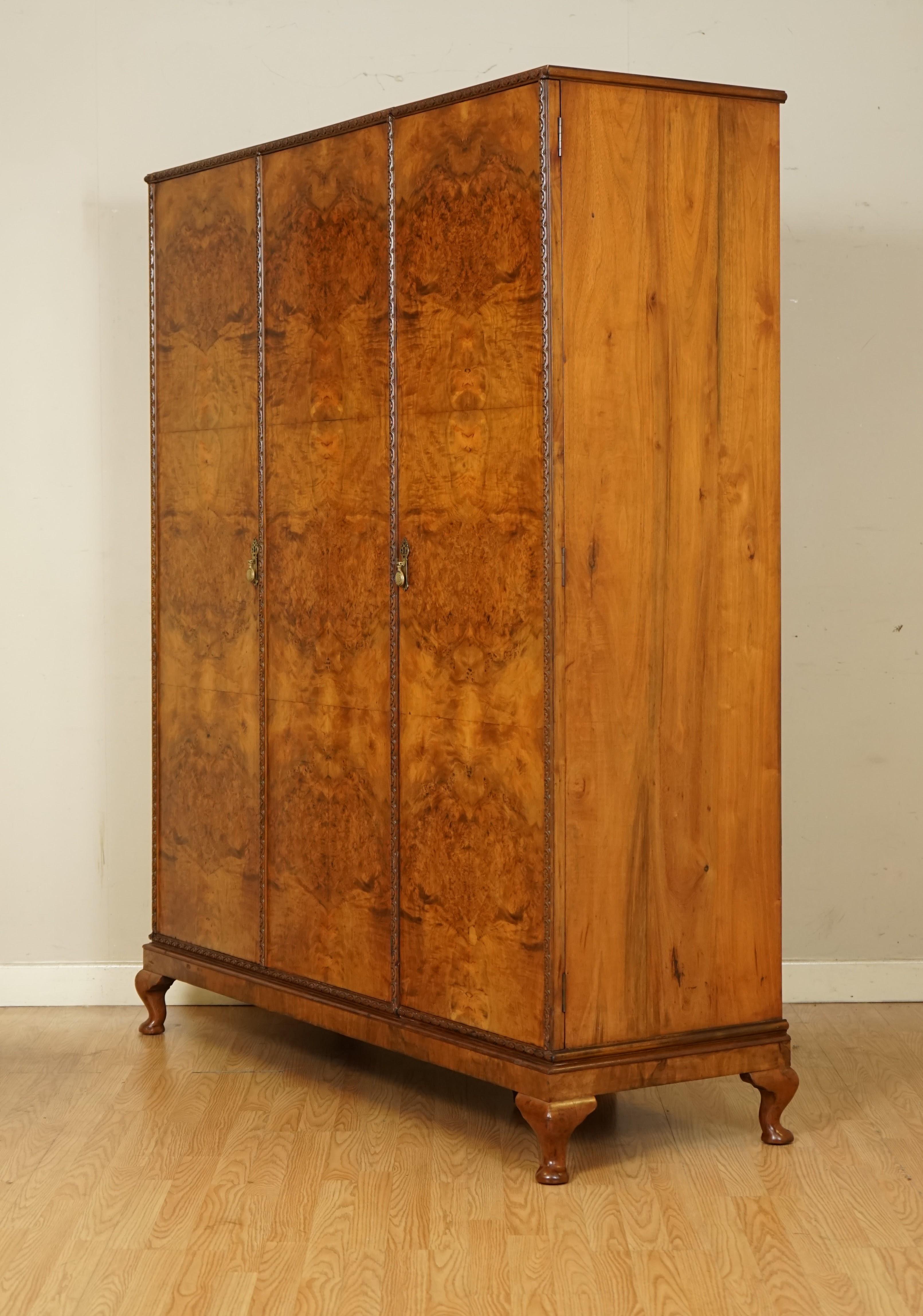 Antique circa 1920's Solid Burr Walnut Triple Bank Wardrobe 2