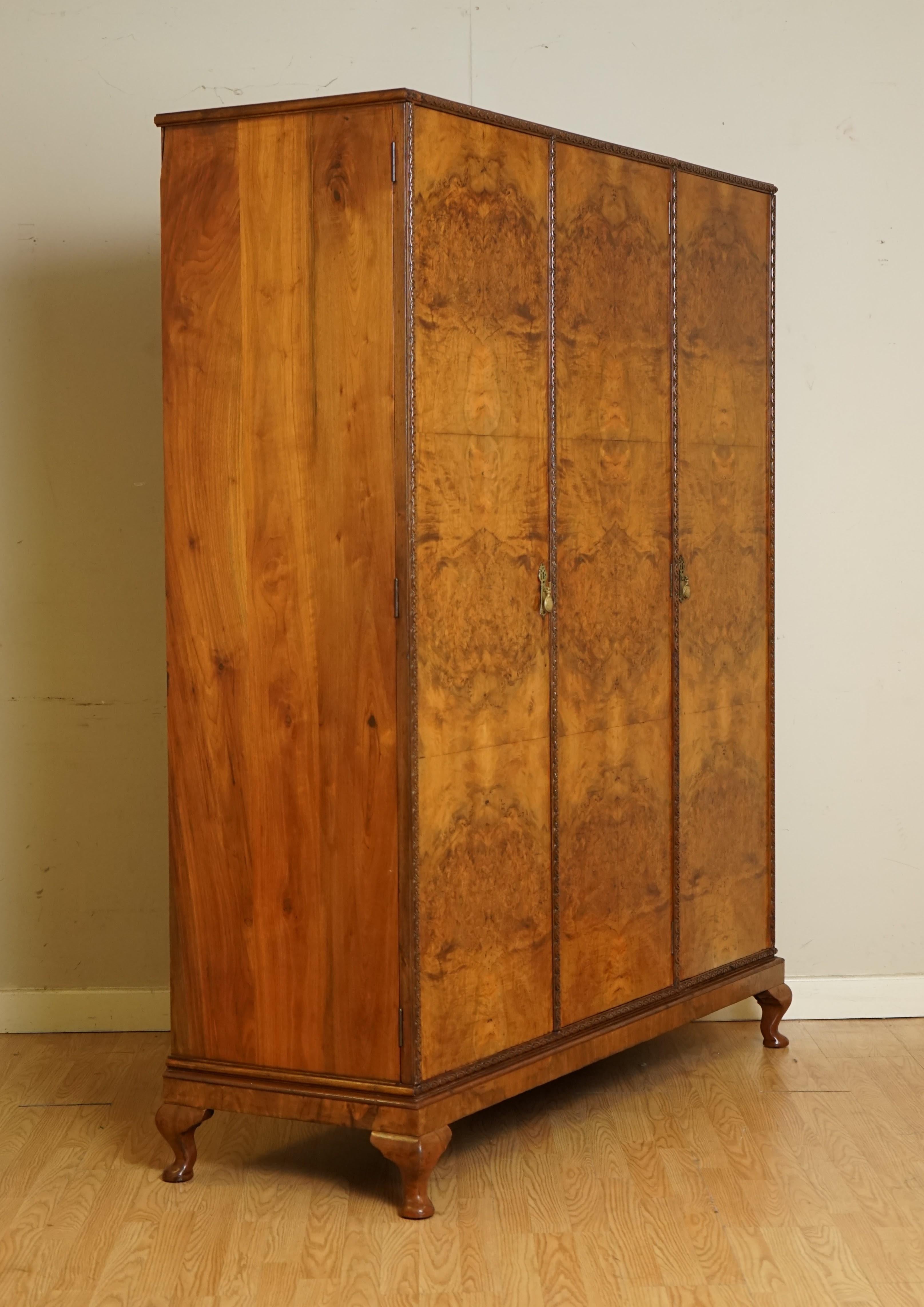Antique circa 1920's Solid Burr Walnut Triple Bank Wardrobe 3