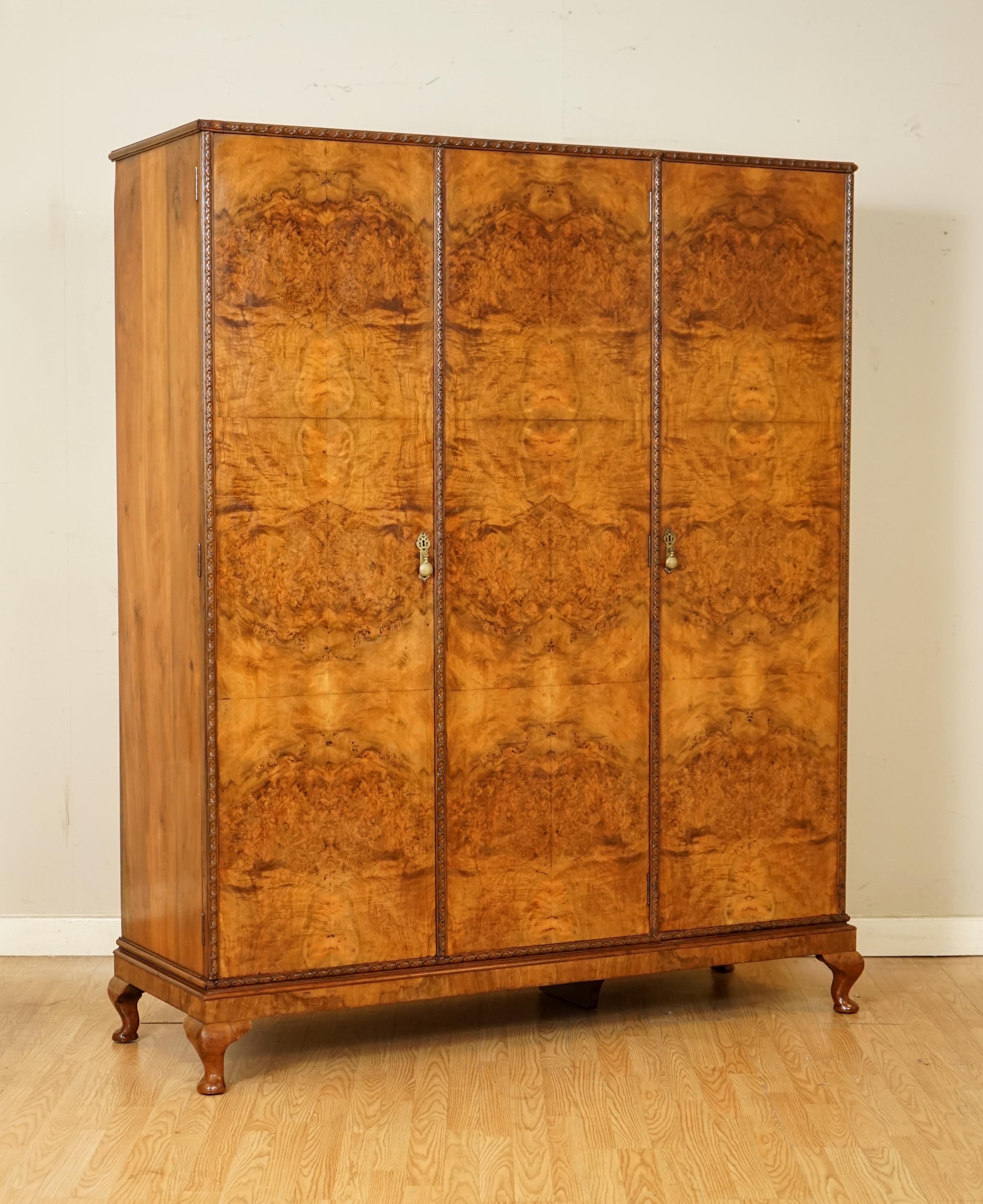 We are so excited to present to you this beautiful antique burr walnut triple bank wardrobe.

This is truly a unique find, the burrs match all the doors in such a perfect pattern and the whole wardrobe throughout is so well made and solid.