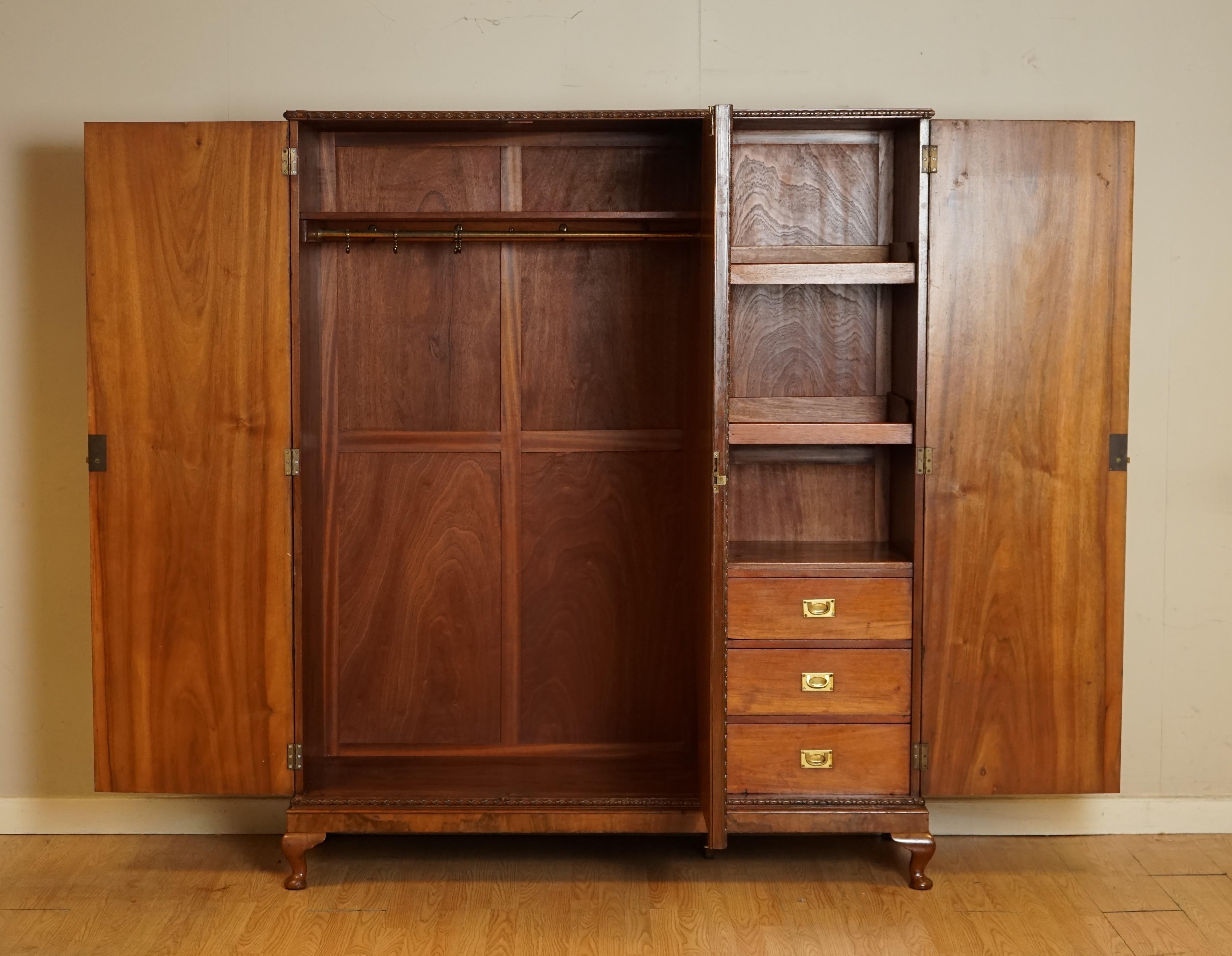 British Antique circa 1920's Solid Burr Walnut Triple Bank Wardrobe
