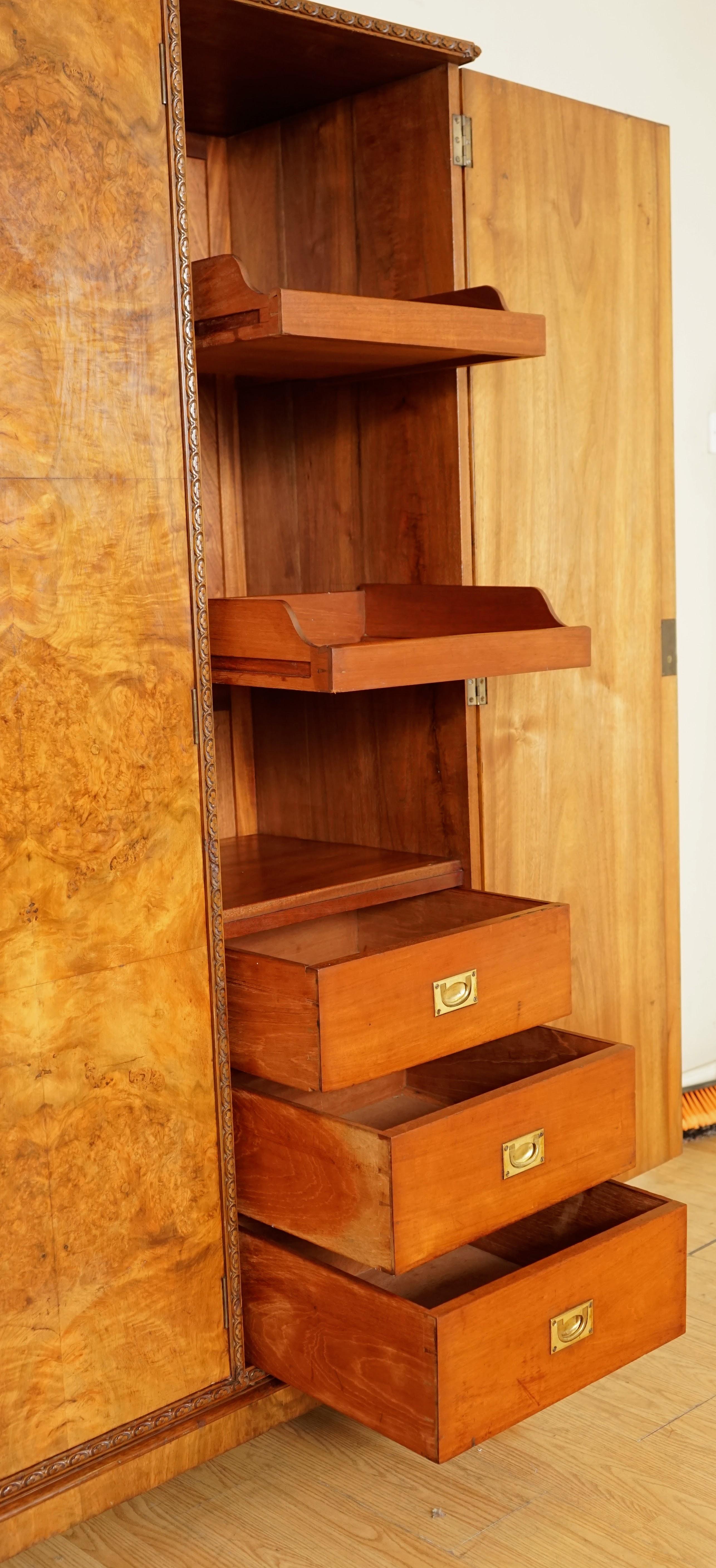 Antique circa 1920's Solid Burr Walnut Triple Bank Wardrobe In Good Condition In West Sussex, Pulborough
