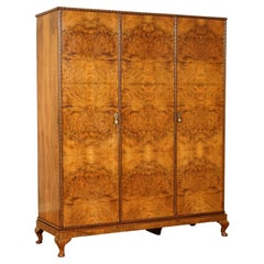 Antique circa 1920's Solid Burr Walnut Triple Bank Wardrobe