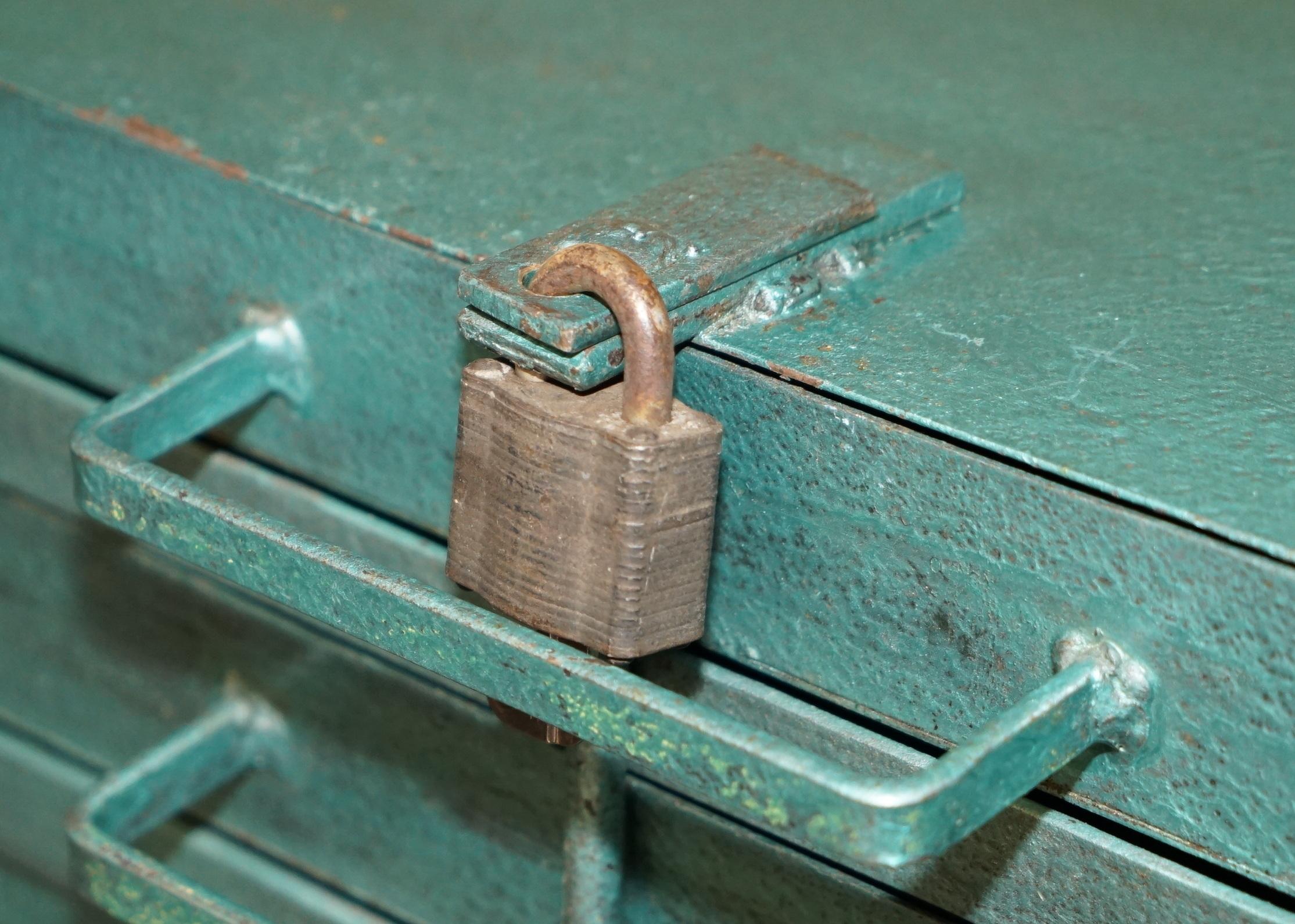 Metal ANTIQUE CIRCA 1920's TEAL COLOURED LOCKABLE MACHINIST WORK TOOL BOX WITH LOCK For Sale
