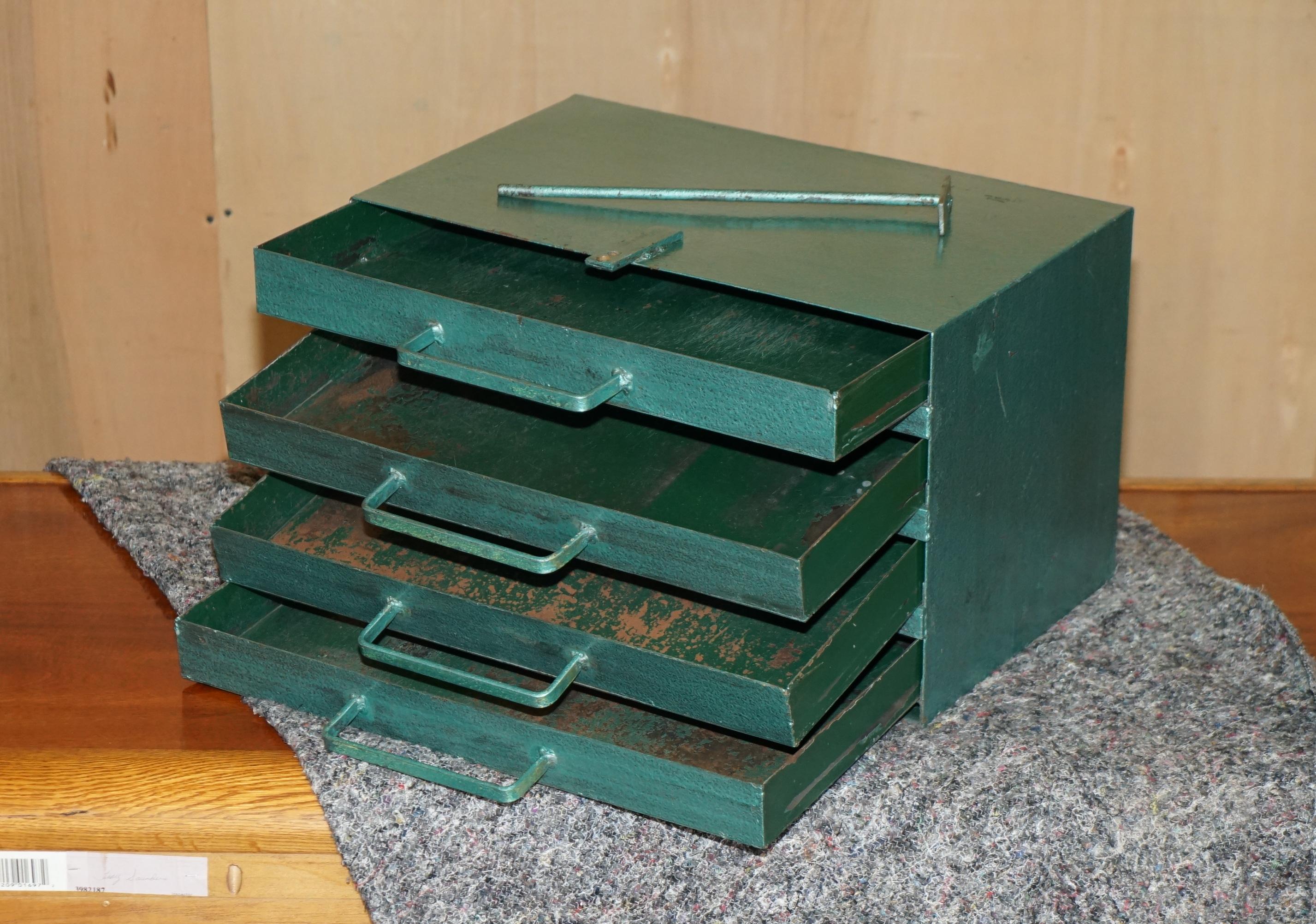 Metal ANTIQUE CIRCA 1920's TEAL COLOURED LOCKABLE MACHINIST WORK TOOL BOX WITH LOCK For Sale