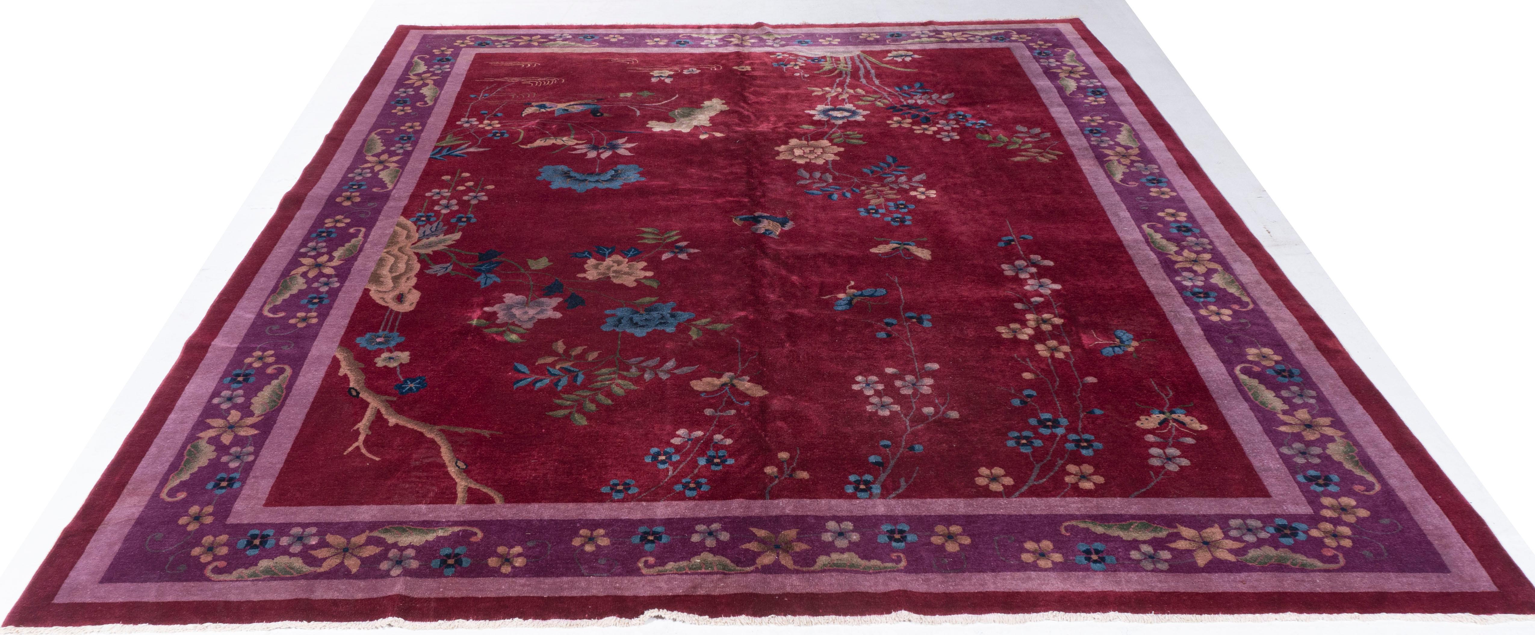 Antique Circa 1923 Burgundy Chinese Art Deco Hand Knotted Rug 9' X 11'6 For Sale 10
