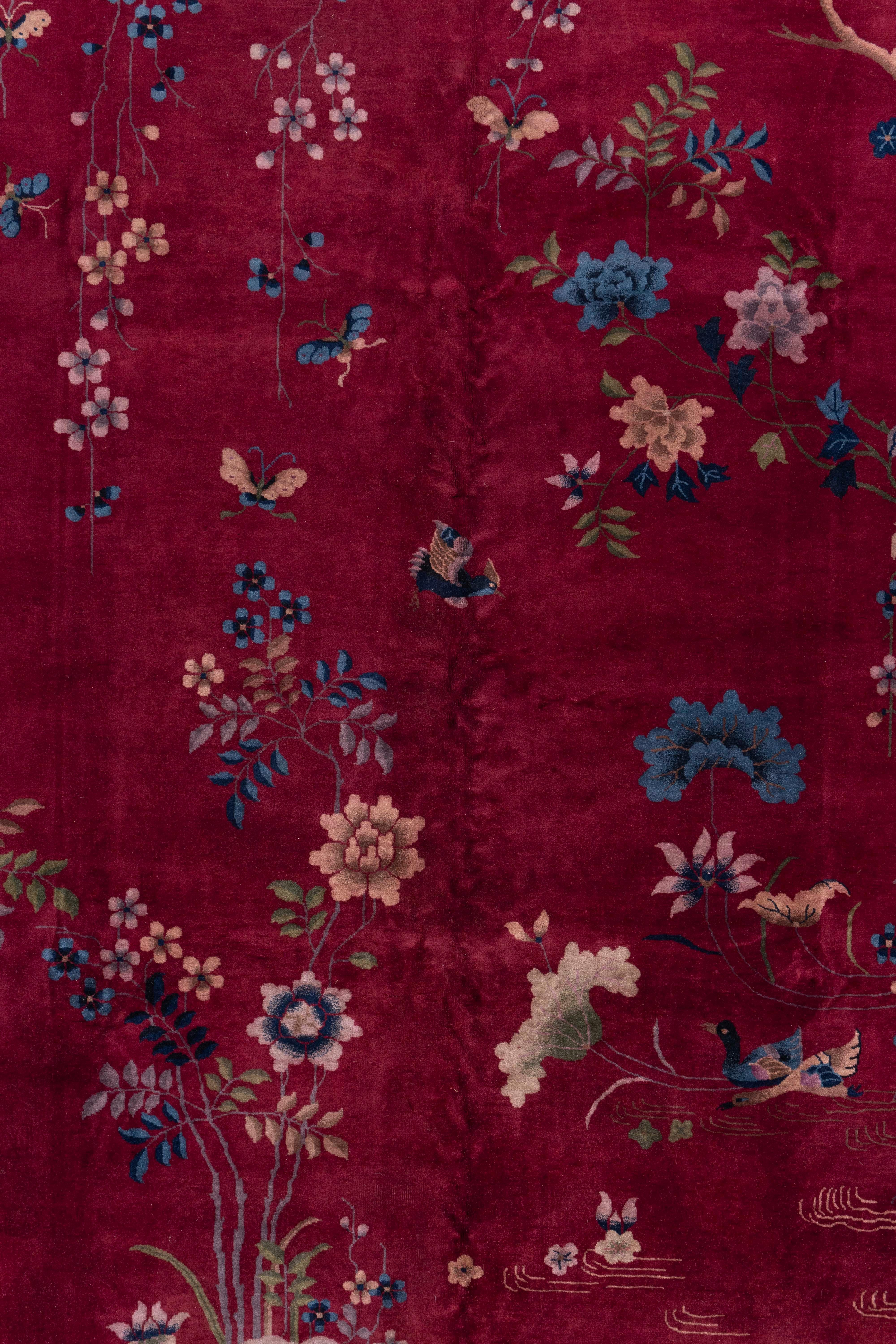 Antique Circa 1923 Burgundy Chinese Art Deco Hand Knotted Rug 9' X 11'6 In Good Condition For Sale In New York, NY