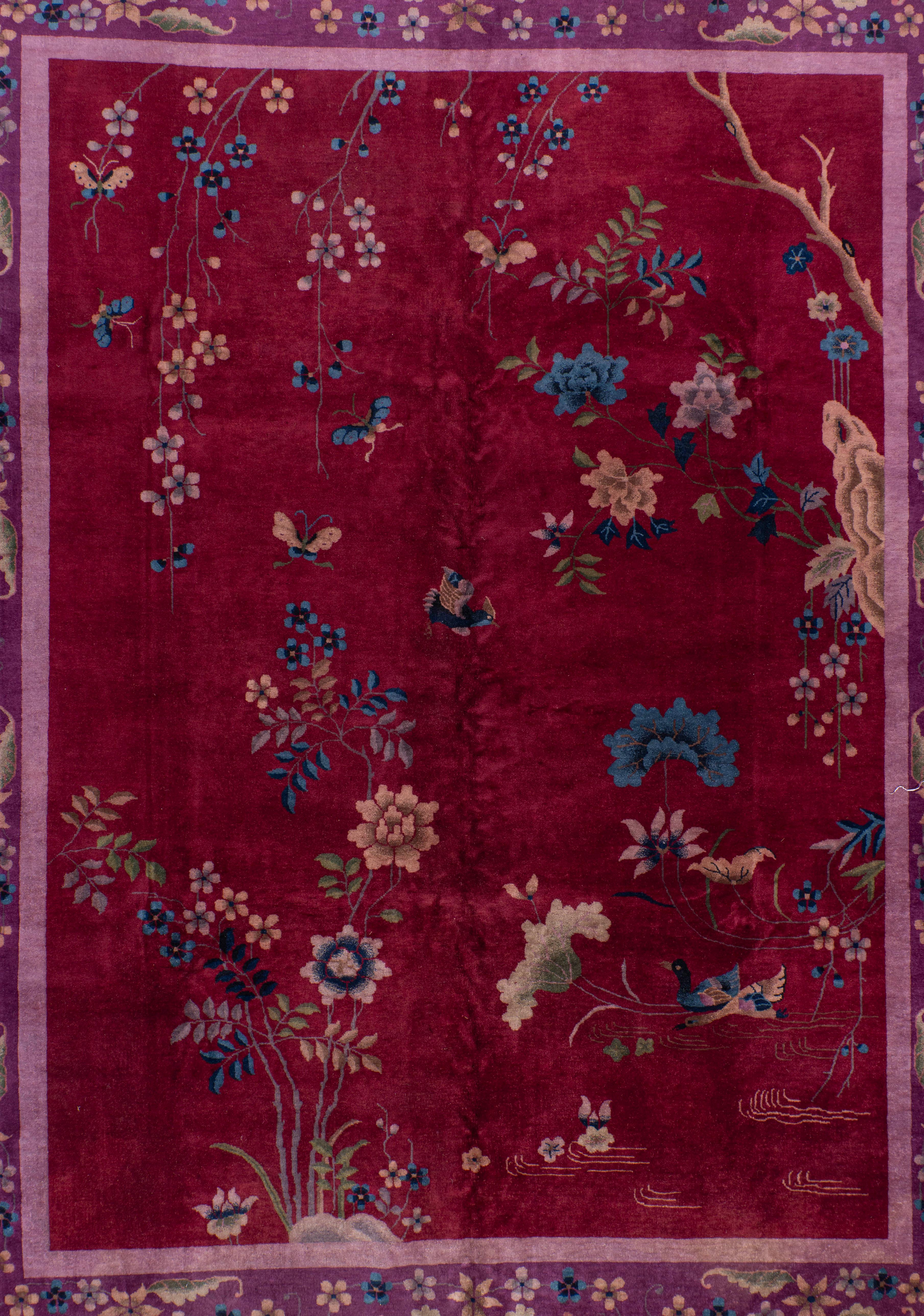 20th Century Antique Circa 1923 Burgundy Chinese Art Deco Hand Knotted Rug 9' X 11'6 For Sale