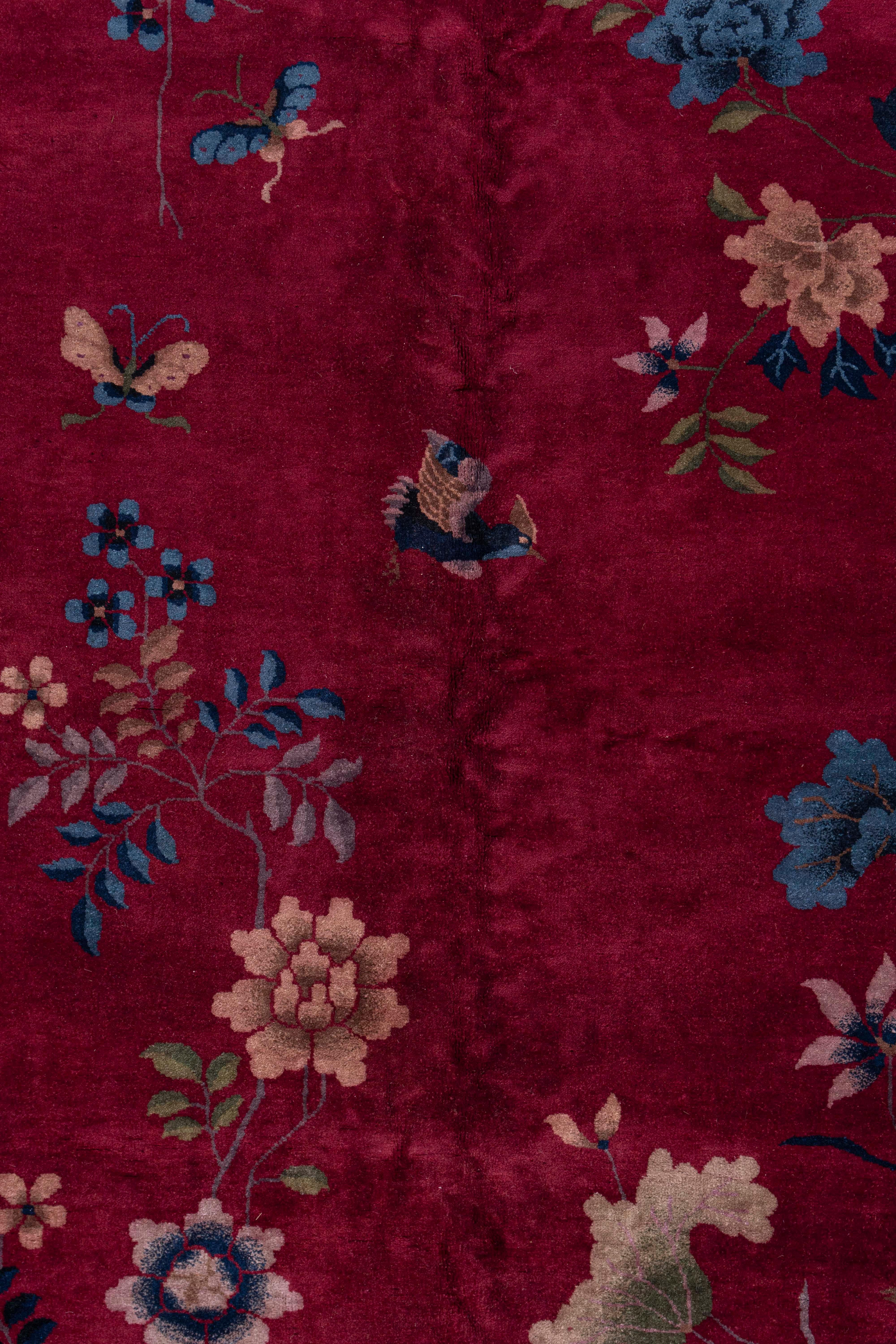 Wool Antique Circa 1923 Burgundy Chinese Art Deco Hand Knotted Rug 9' X 11'6 For Sale