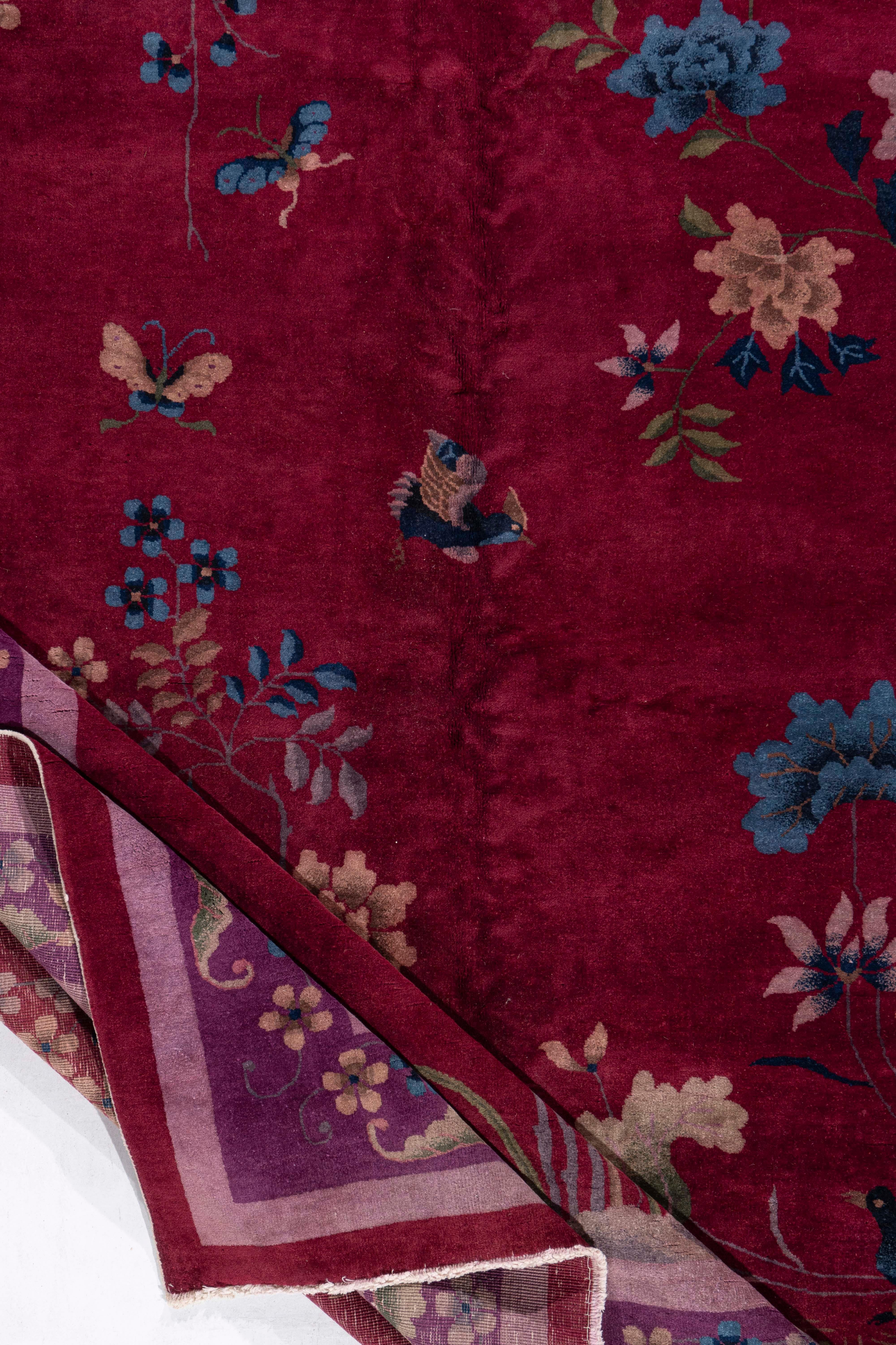 Antique Circa 1923 Burgundy Chinese Art Deco Hand Knotted Rug 9' X 11'6 For Sale 1