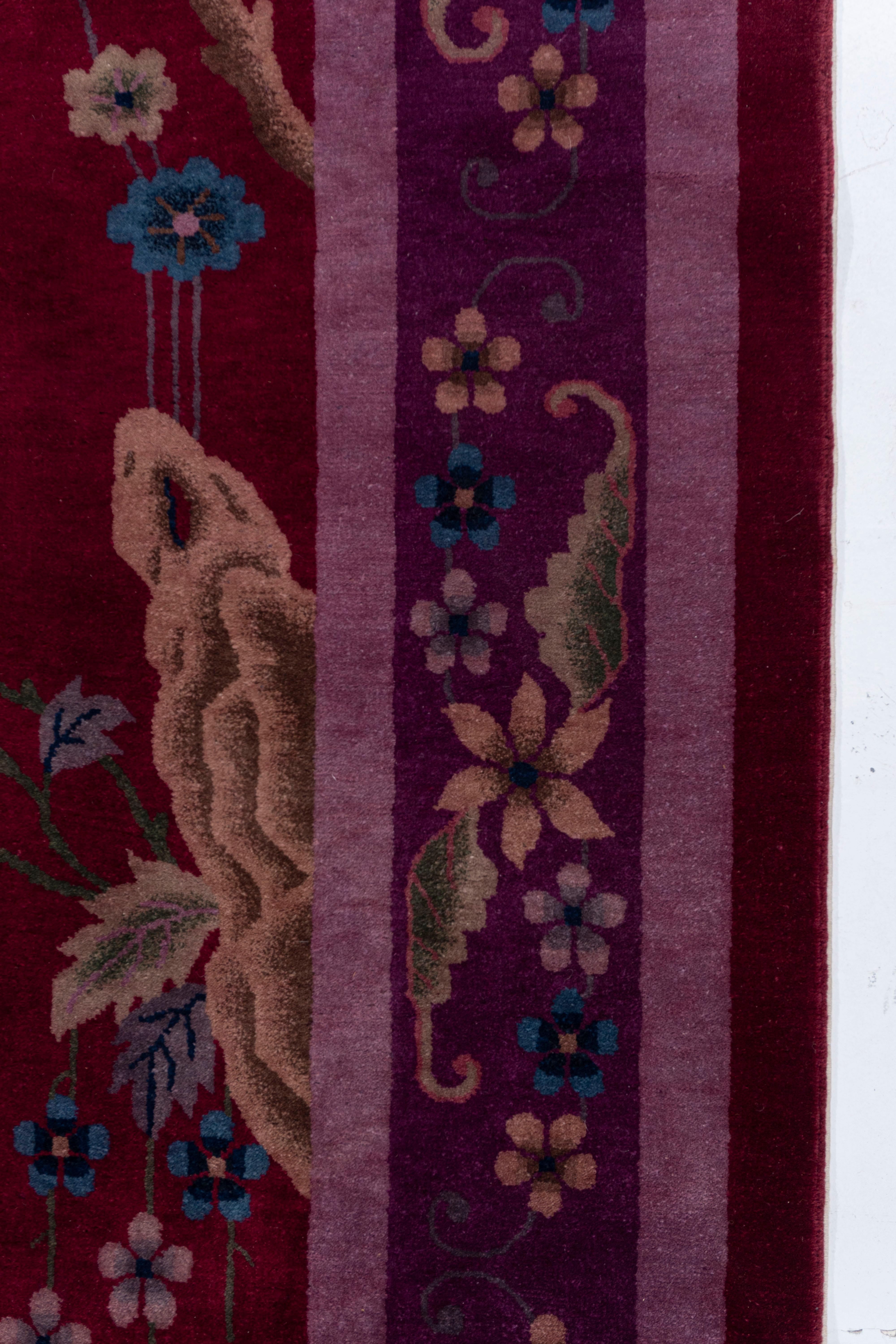Antique Circa 1923 Burgundy Chinese Art Deco Hand Knotted Rug 9' X 11'6 For Sale 3