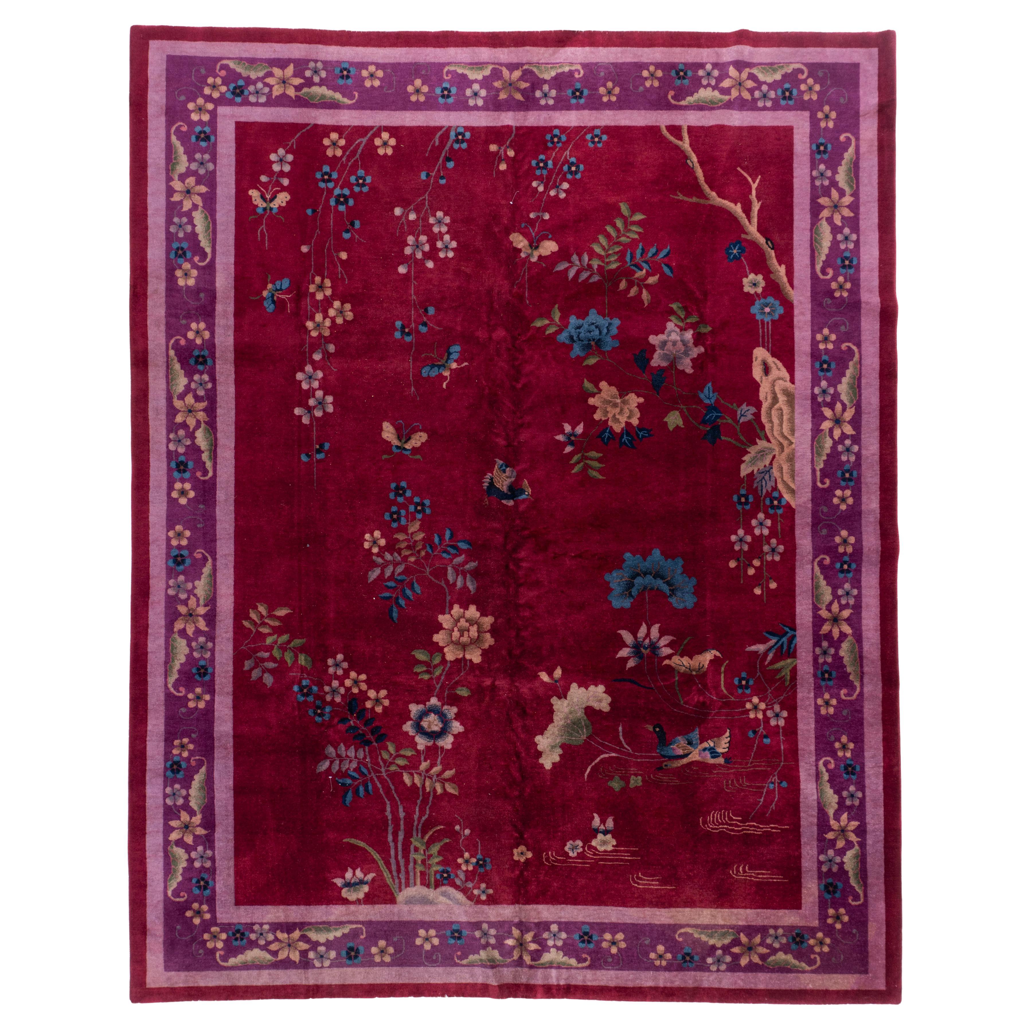 Antique Circa 1923 Burgundy Chinese Art Deco Hand Knotted Rug 9' X 11'6