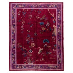 Antiguo Circa 1923 Borgoña Art Deco chino Alfombra anudada a mano 9' X 11'6