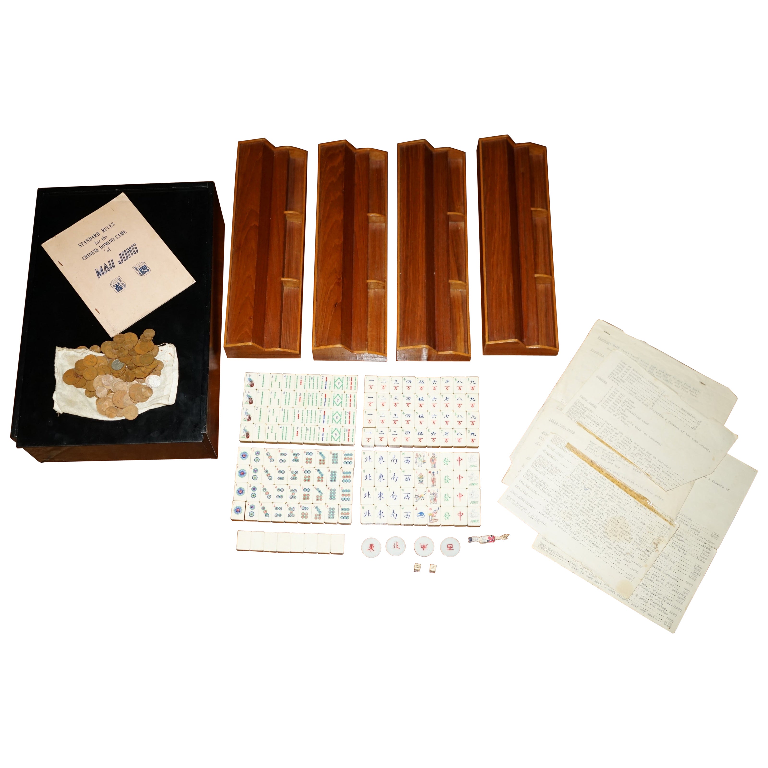 ANTIQUE CIRCA 1930 CHINESE MAHJONG SET + COUNTERS RACKS & MONEY IN ORiGINAL