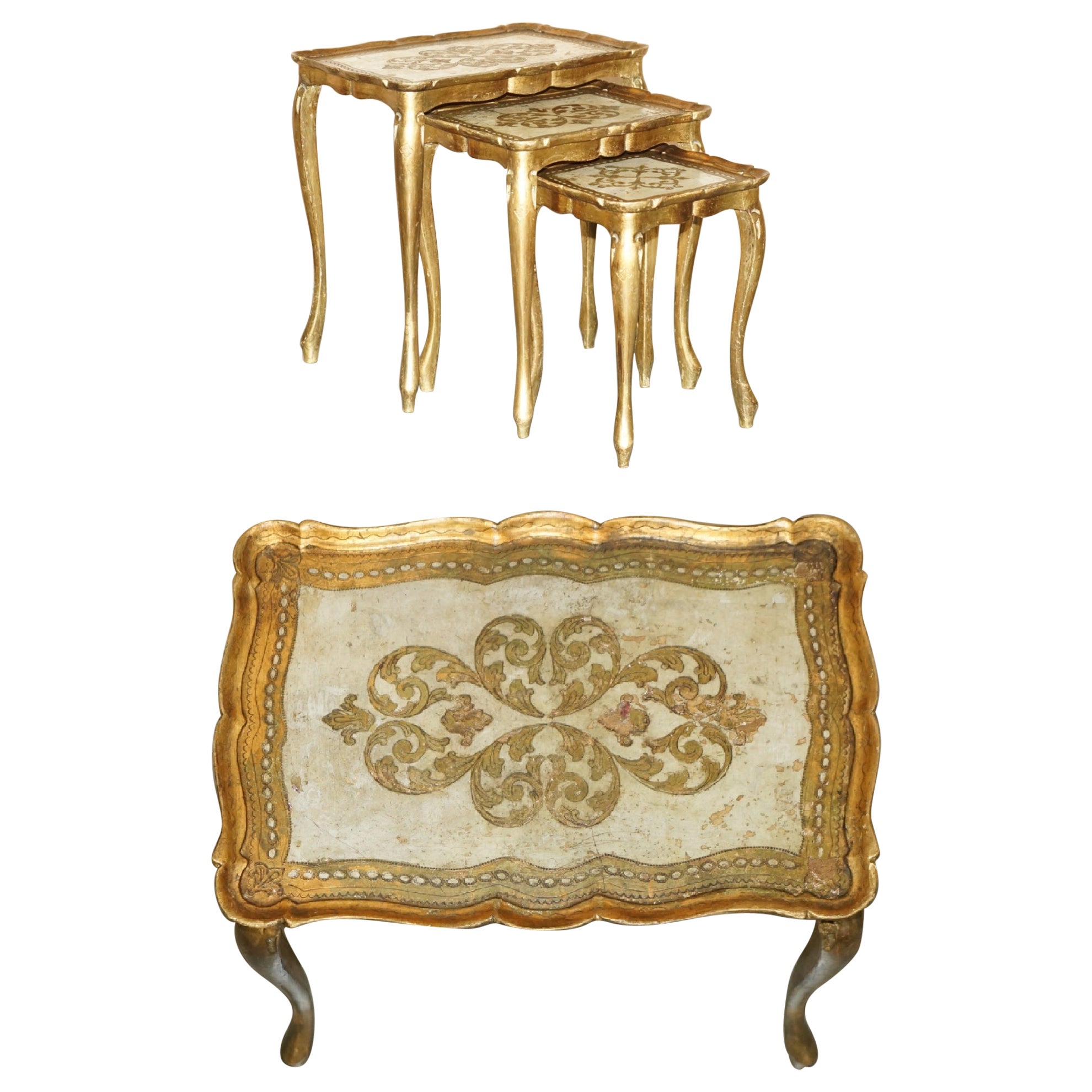 ANTIQUE CIRCA 1930 FLORENTINE VENETIAN HAND PAiNTED & GILT NEST OF THREE TABLES