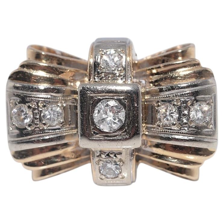 Antique Circa 1930s 14k Gold Natural Diamond Decorated Tank Ring