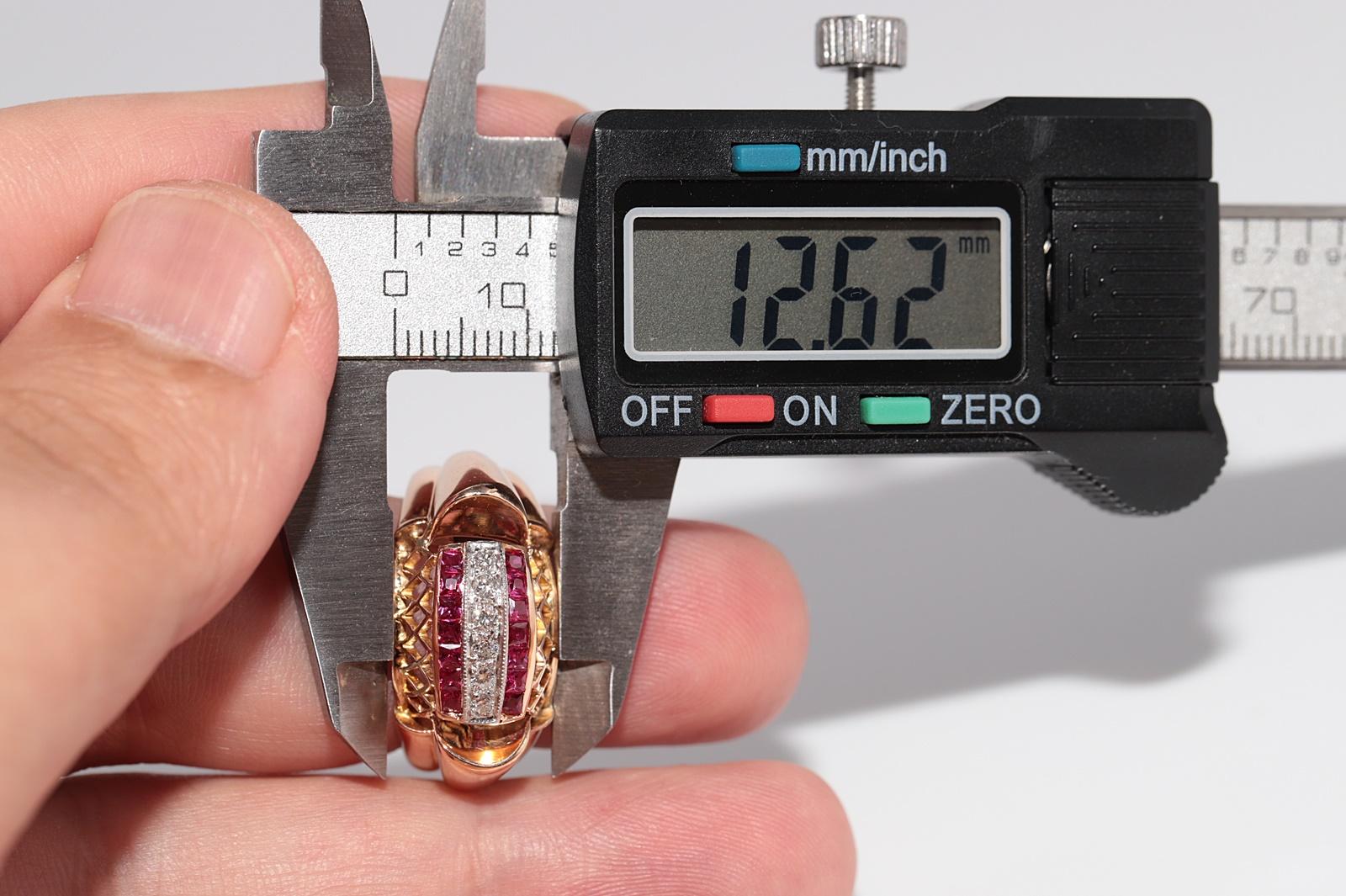 Bague débardeur ancienne des années 1930 en or 18 carats, diamant naturel et rubis taille baguette en vente 5