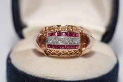 Antique Circa 1930s 18k Gold Natural Diamond And Baguette Cut Ruby Tank Ring