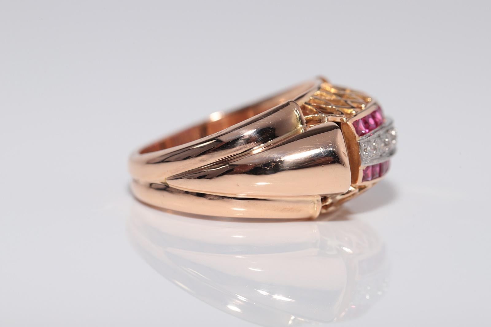Bague débardeur ancienne des années 1930 en or 18 carats, diamant naturel et rubis taille baguette Bon état - En vente à Fatih/İstanbul, 34